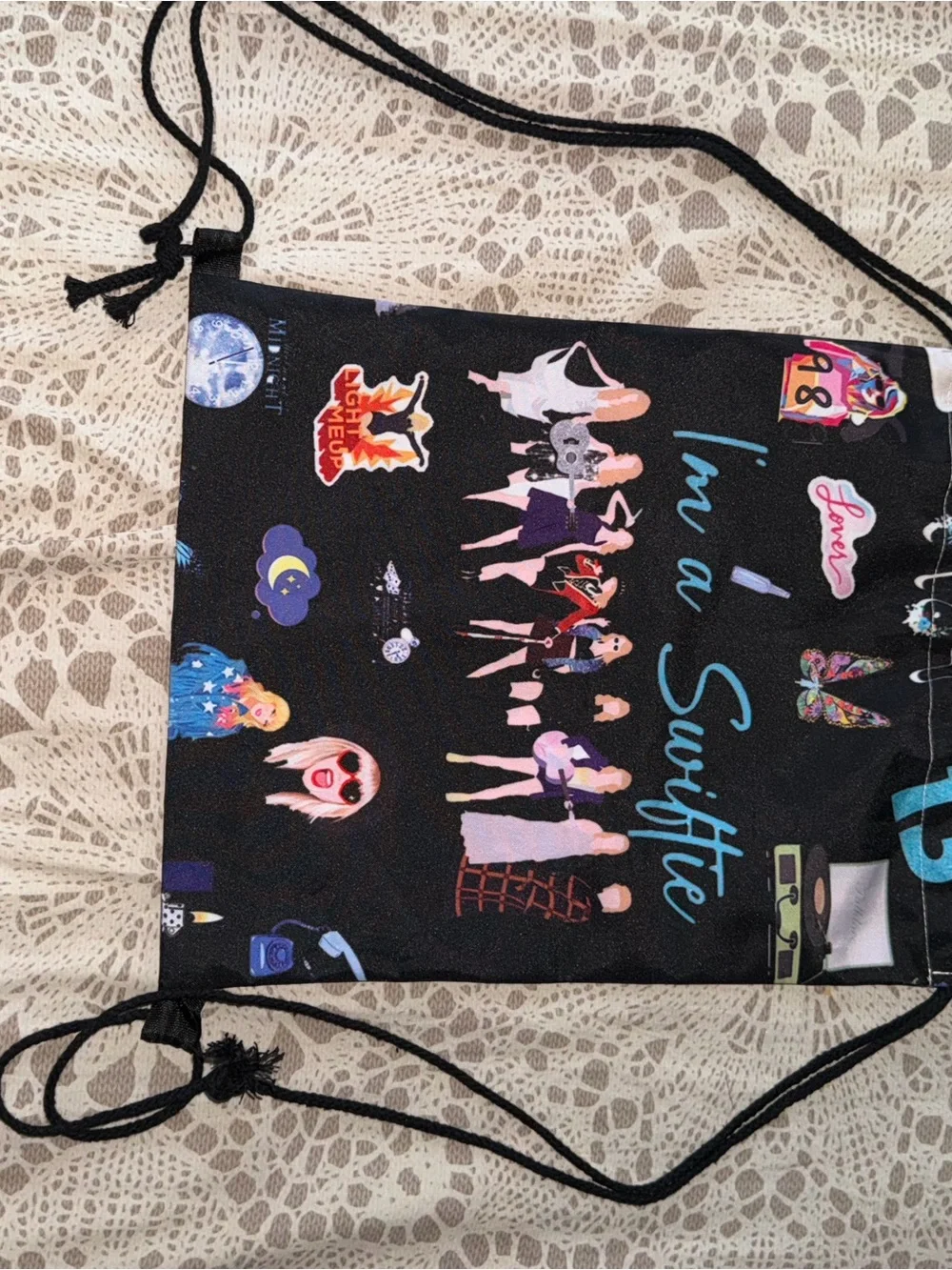 Black Graphic Drawstring Backpack - Women's Bag